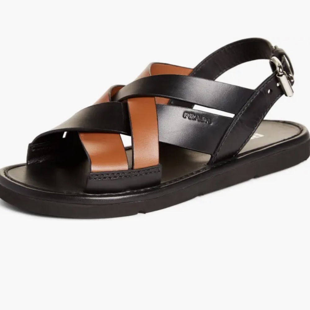 Prada Black & Brown Leather Crisscross Slingback Sandal